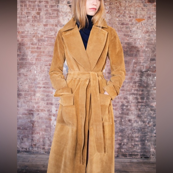 Frame Suede Leather Maxi Long Trench Coat Jacket Le Duster Tan Camel Size XS S - Picture 5 of 17